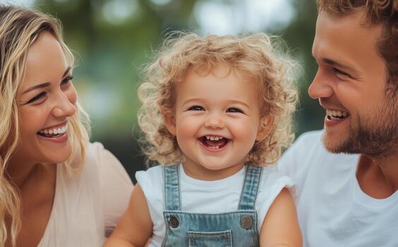 Smiling child enjoying a joyful moment with parents in a park during a sunny day photo