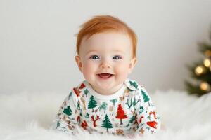Smiling baby with red hair seated on soft blanket in cozy indoor setting during daytime photo