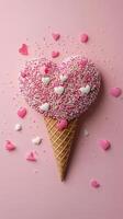 Colorful heart shaped ice cream cone with sprinkles on pink background photo