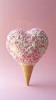 Colorful heart shaped ice cream cone with sprinkles on pink background photo