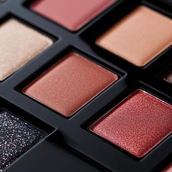 Colorful makeup palette with various shades arranged in a grid pattern for beauty enthusiasts photo