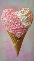 Colorful heart shaped ice cream cone with sprinkles on pink background photo