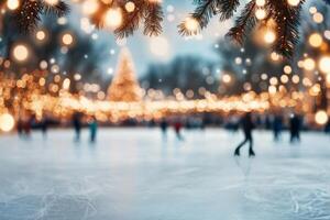 Outdoor ice skating rink decorated for winter festivities with twinkling lights and a tree photo