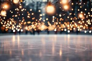 Outdoor ice skating rink decorated for winter festivities with twinkling lights and a tree photo
