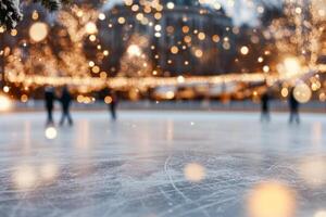 Outdoor ice skating rink decorated for winter festivities with twinkling lights and a tree photo