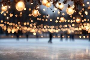 Outdoor ice skating rink decorated for winter festivities with twinkling lights and a tree photo