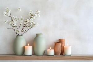 Soft pastel decor with candles and dried flowers on a wooden shelf in a serene setting photo