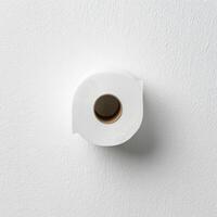 White toilet paper roll hanging on a plain wall in a modern restroom photo
