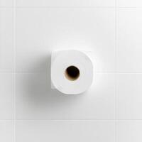 White toilet paper roll hanging on a plain wall in a modern restroom photo