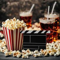 Popcorn and drinks create cozy movie night atmosphere with clapperboard nearby photo