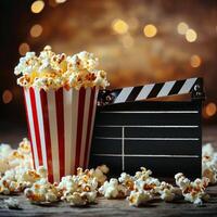 Popcorn and drinks create cozy movie night atmosphere with clapperboard nearby photo