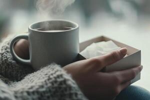Warm mug held by a person in cozy sweater near window in winter morning photo