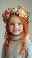 Young girl with red hair wearing a floral crown and cozy sweater in soft light photo