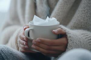Warm mug held by a person in cozy sweater near window in winter morning photo
