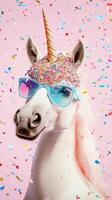 Enchanted unicorn with rainbow confetti against a pink background during a playful celebration photo