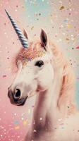 Enchanted unicorn with rainbow confetti against a pink background during a playful celebration photo
