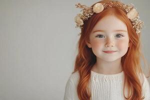 Young girl with red hair and flower crown posing against a neutral background photo