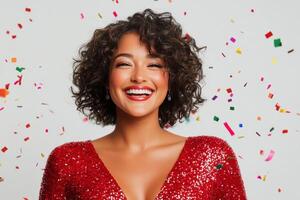 Joyful celebration with a woman wearing a sparkling red dress surrounded by confetti photo