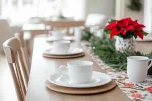 Elegant festive dining setup with holiday decorations and warm ambiance in a cozy living space photo