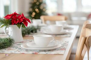 Elegant festive dining setup with holiday decorations and warm ambiance in a cozy living space photo