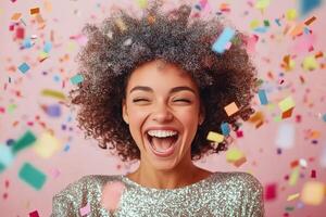 Celebration moment of a joyful woman with sparkling hair and colorful confetti in a festive setting photo