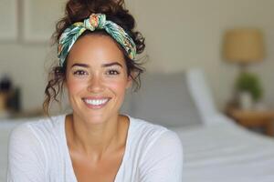 Smiling woman with headband in cozy living room during daytime photo