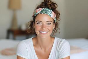Smiling woman with headband in cozy living room during daytime photo