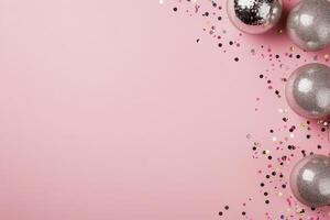 Pink background with shiny decorations and sparkling confetti for a festive celebration photo