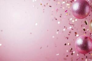 Pink background with shiny decorations and sparkling confetti for a festive celebration photo