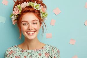 Joyful woman with floral crown smiles brightly against a blue backdrop photo