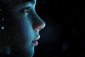 Intricate profile of a person with shimmering droplets reflecting light in dark setting photo