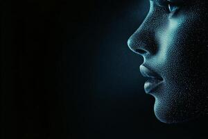 Intricate profile of a person with shimmering droplets reflecting light in dark setting photo