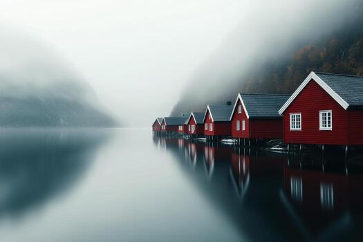 Beautiful red cabins reflected on calm water surrounded by fog in a tranquil setting photo