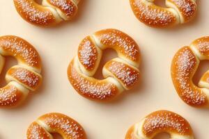 Freshly baked sweet rolls arranged in a neat pattern on a light background photo