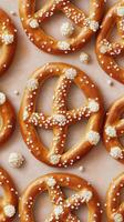 Freshly baked pretzels with colorful sprinkles arranged neatly in a pattern photo