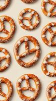 Freshly baked pretzels with colorful sprinkles arranged neatly in a pattern photo