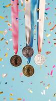 Medals hang against a blue background with confetti celebrating achievement photo