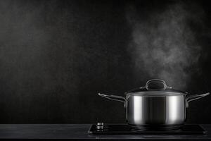 Steaming pot on stove during cooking process in cozy kitchen setting photo