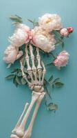 Artistic representation of a skeleton hand holding peony flowers against a blue background photo