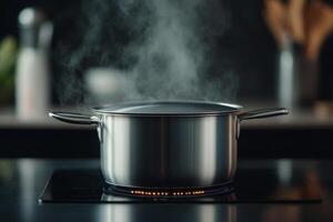 Steaming pot on stove during cooking process in cozy kitchen setting photo