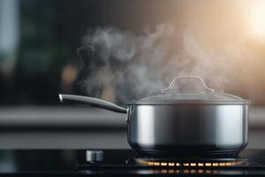 Steaming pot on stove during cooking process in cozy kitchen setting photo