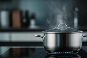 Steaming pot on stove during cooking process in cozy kitchen setting photo