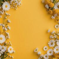 Bright yellow background adorned with assorted flowers creating a vibrant floral border photo