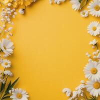 Bright yellow background adorned with assorted flowers creating a vibrant floral border photo
