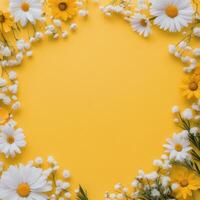 Bright yellow background adorned with assorted flowers creating a vibrant floral border photo