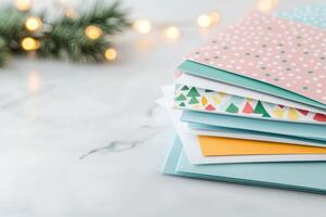 Colorful Christmas cards arranged on a marble surface with festive lights in the background photo