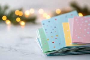 Colorful Christmas cards arranged on a marble surface with festive lights in the background photo