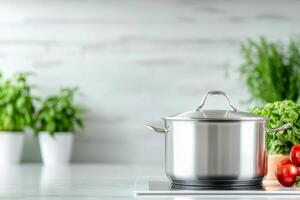 Modern kitchen setting with stainless steel pot and green plants on white countertop photo