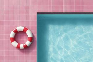 Lifebuoy on the edge of a tranquil swimming pool surrounded by pastel tiles photo