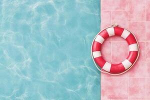 Lifebuoy on the edge of a tranquil swimming pool surrounded by pastel tiles photo